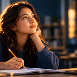 Student stopping to think as she learns in a classroom.