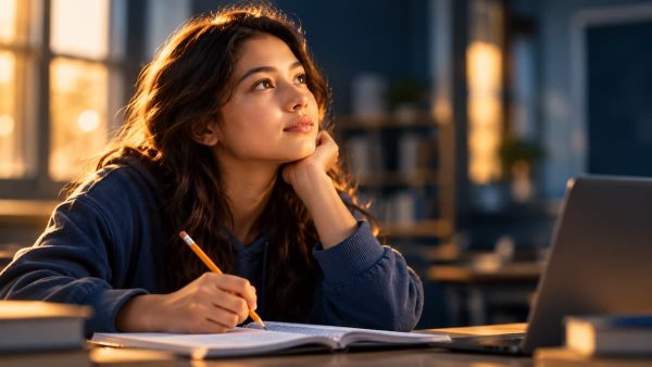 Student stopping to think as she learns in a classroom.