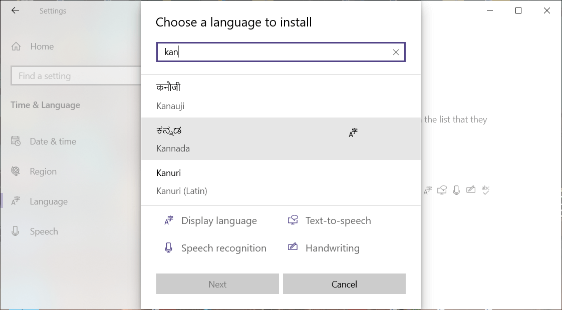 Zrzut ekranu wyboru języka Kannada Windows.