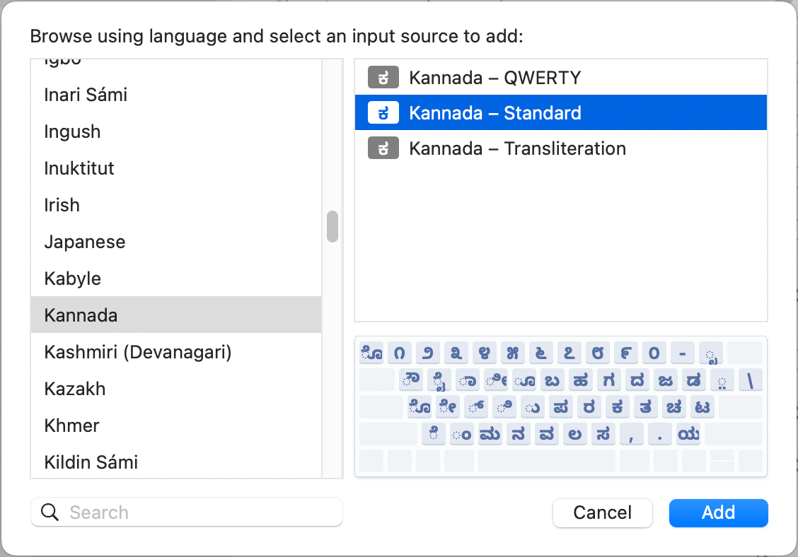 Captura de pantalla de la opción estándar Kannada en Mac.