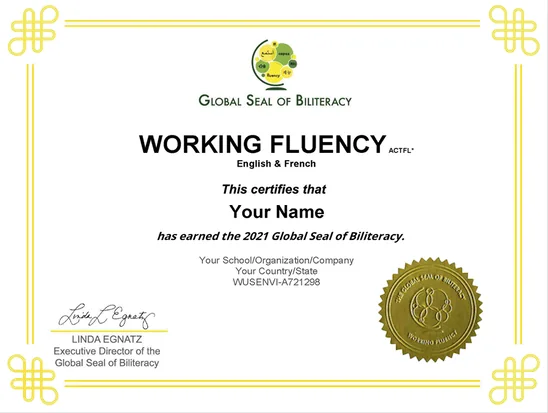 Global Seal of Working Language Fluency in English and French.