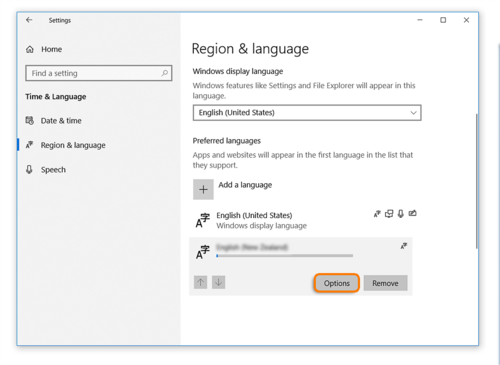 Click on Options in the Region & language setting to select added language when using Windows 10 while taking an Avant Assessment Language Proficiency Test